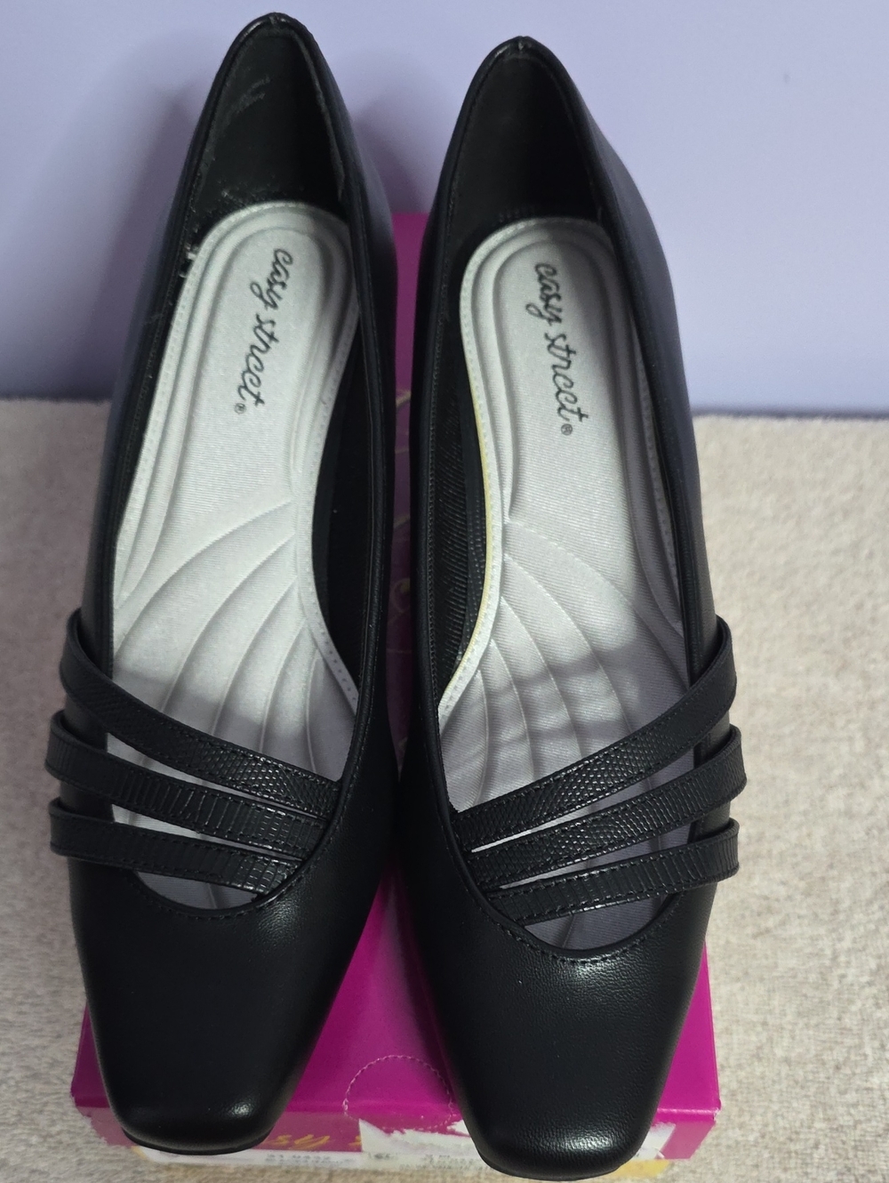 easy street Black Women's Slip-On Square Toe Heels with Strap Detail